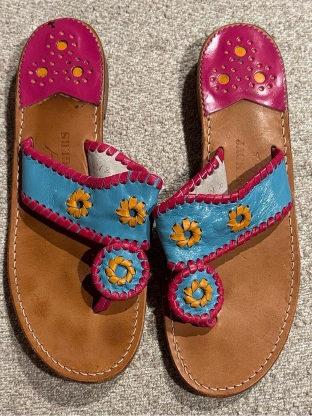 Jack Rogers Pink, Blue & Yellow Leather Thong Sandals